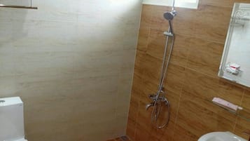 Shower, free toiletries, hair dryer, slippers