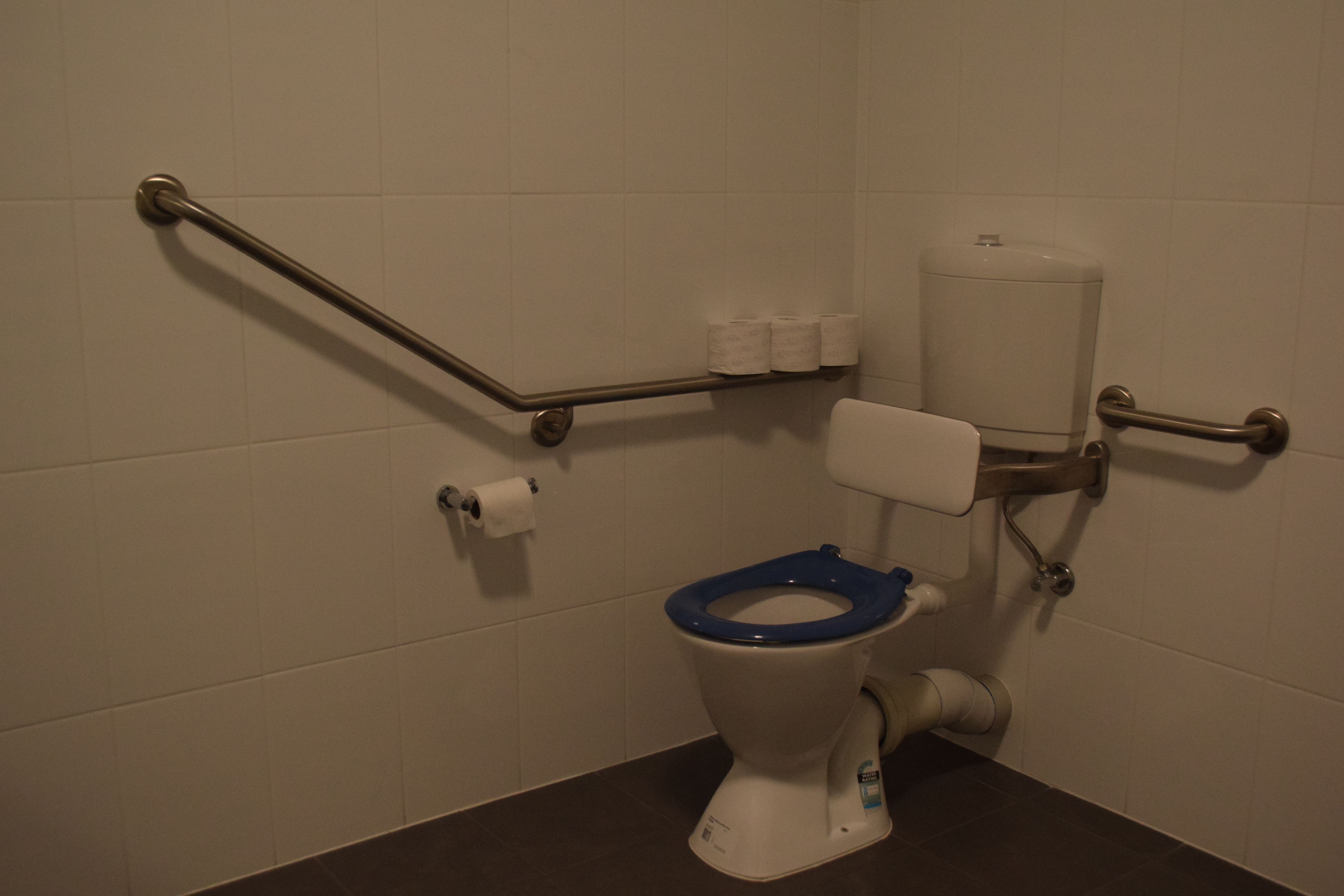 A bathroom with a white toilet, blue seat, and grab bars.
