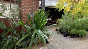 Un edificio de ladrillo con un letrero, plantas en macetas y un patio con baldosas.