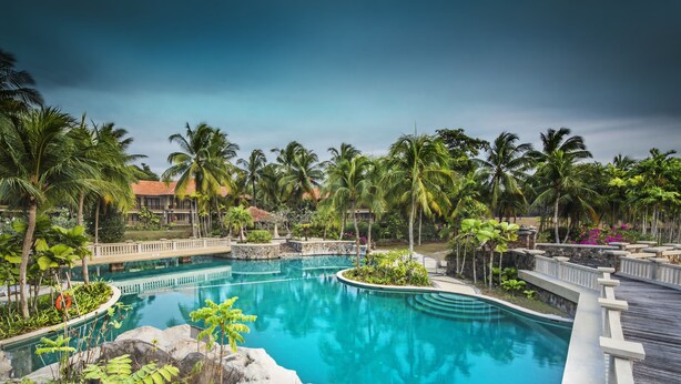 A large, clear swimming pool surrounded by palm trees and a wooden deck. - Sebana Cove Resort (Bandar Penawar)