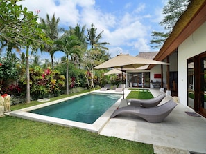 A swimming pool with lounge chairs and umbrellas, surrounded by lush greenery and a thatched roof structure.