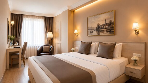 A hotel room with a large bed, a desk, a chair, a nightstand, and a painting on the wall. - Classes Hotel (Istanbul)