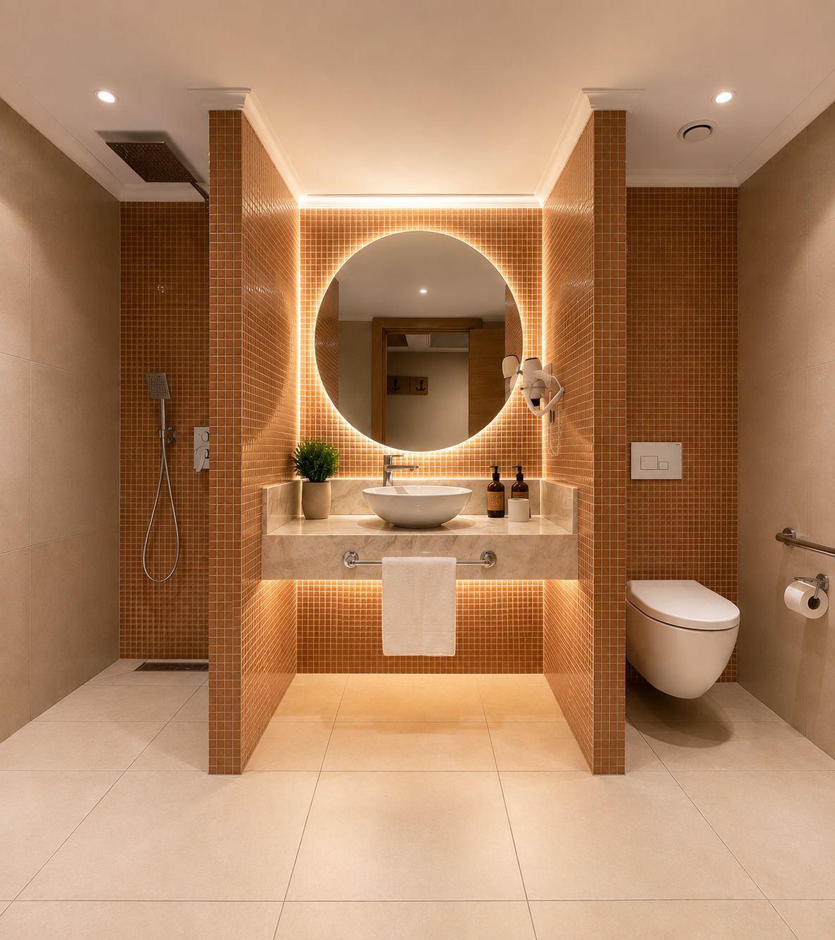 A modern bathroom with a round mirror, a sink, and a toilet.