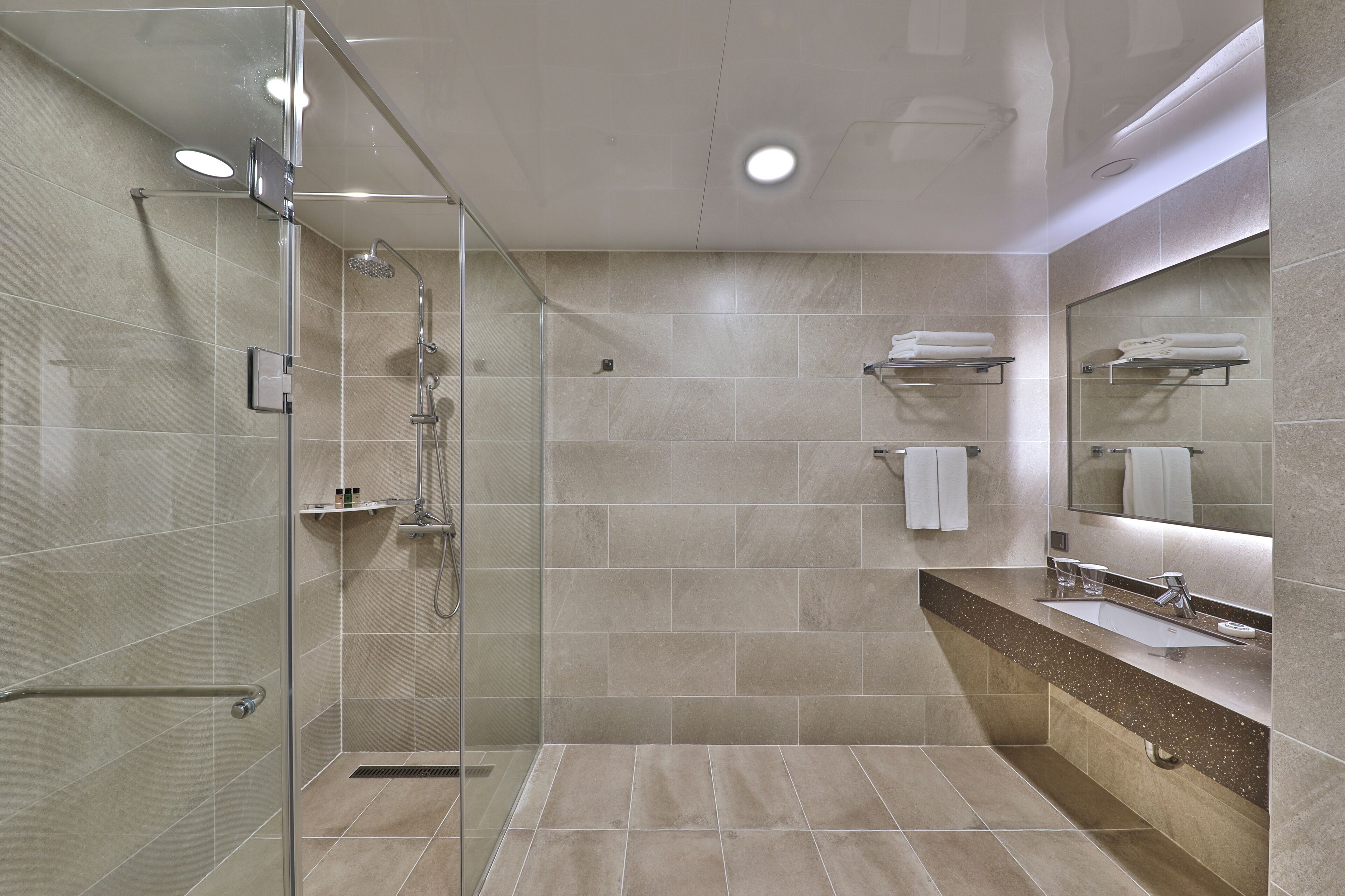 A modern bathroom with a glass-enclosed shower, a vanity with a sink, and a large mirror.