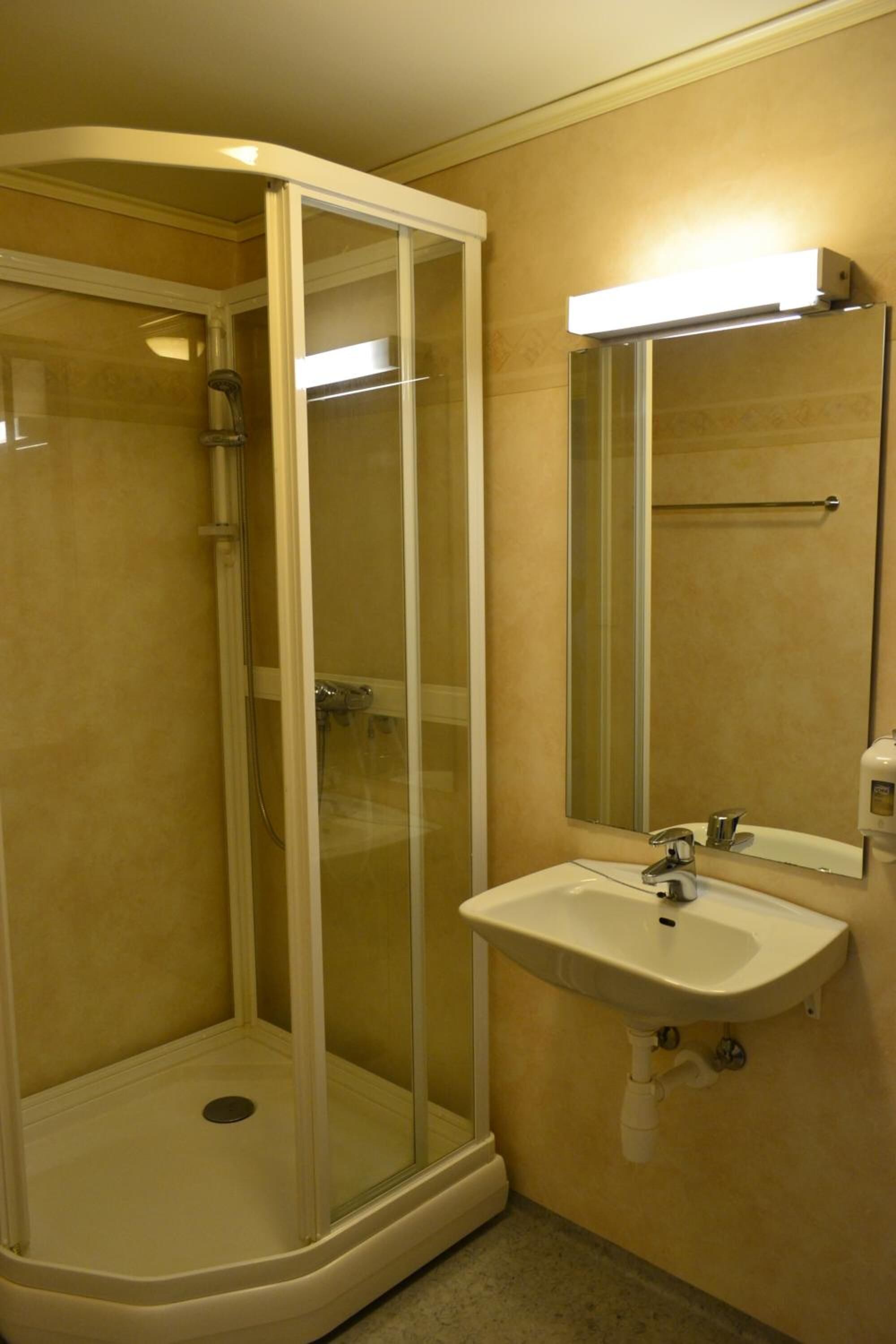 A corner bathroom with a glass-enclosed shower, a sink, and a mirror.