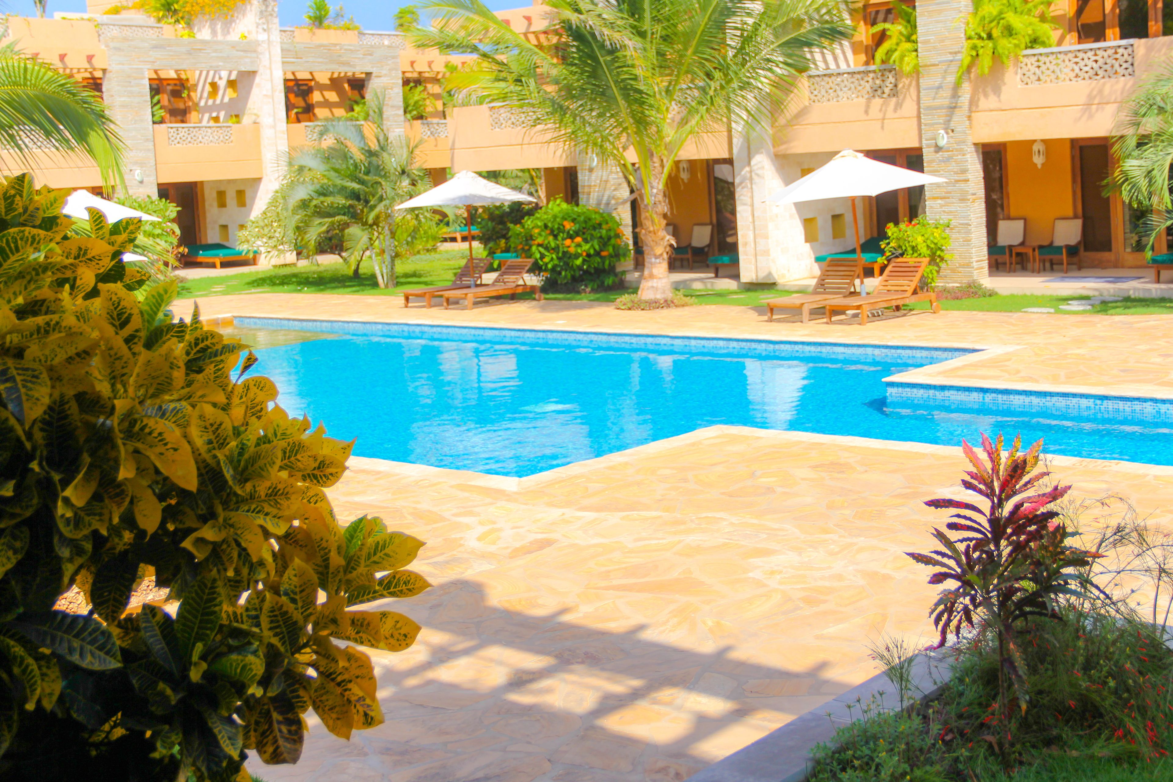 Área de piscina de un resort con sillas de descanso y sombrillas, rodeada de palmeras y una piscina azul cristalina.