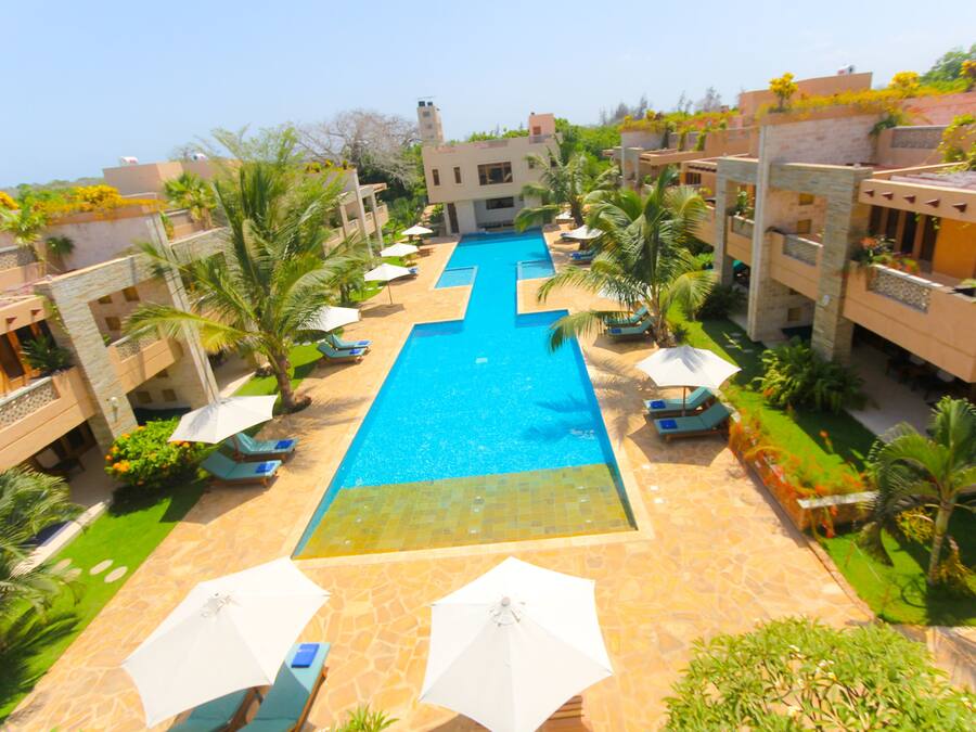 A swimming pool with a tiled deck, surrounded by palm trees and lounge chairs.