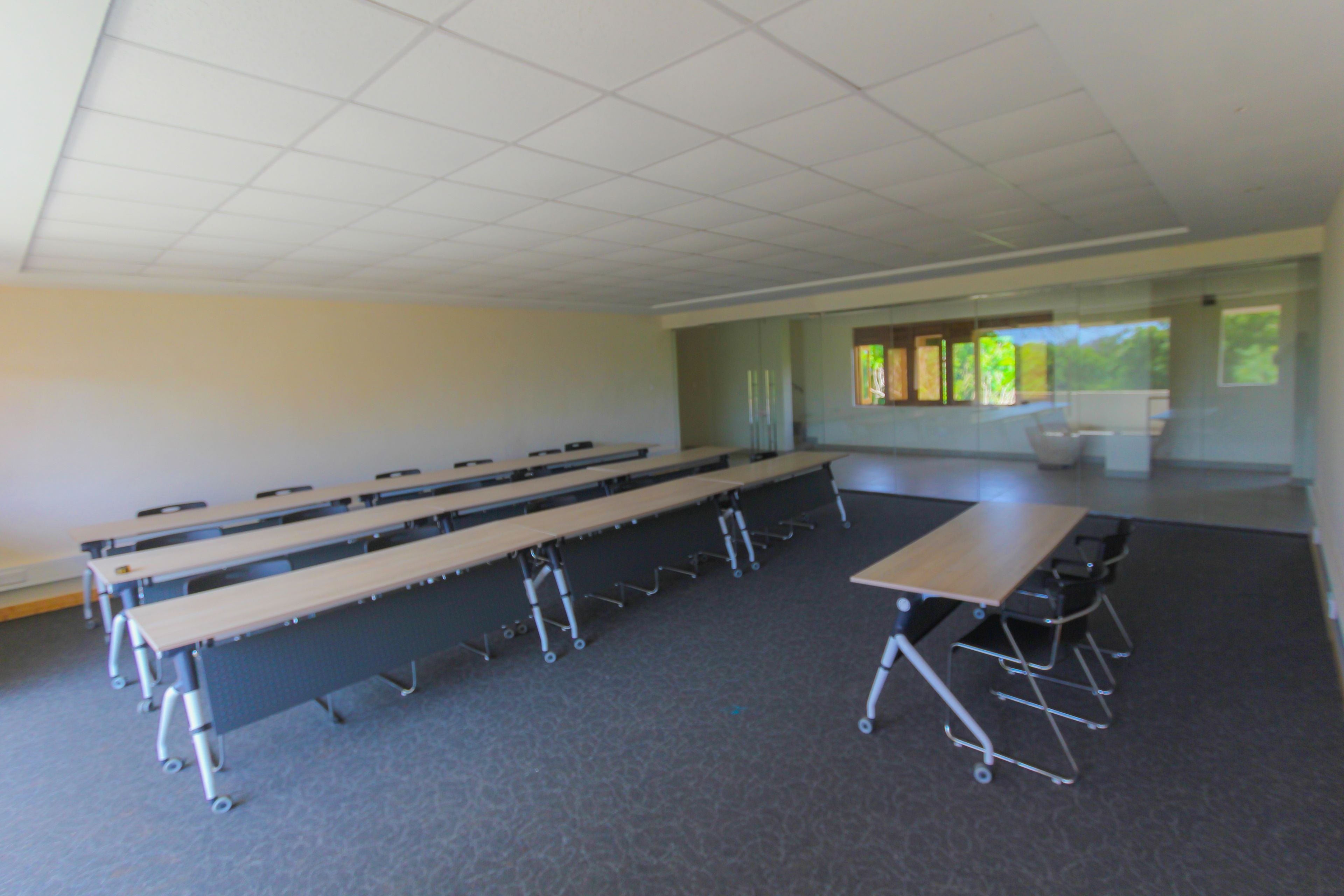 A conference room with a long table and chairs, carpeted floor, and windows with blinds.