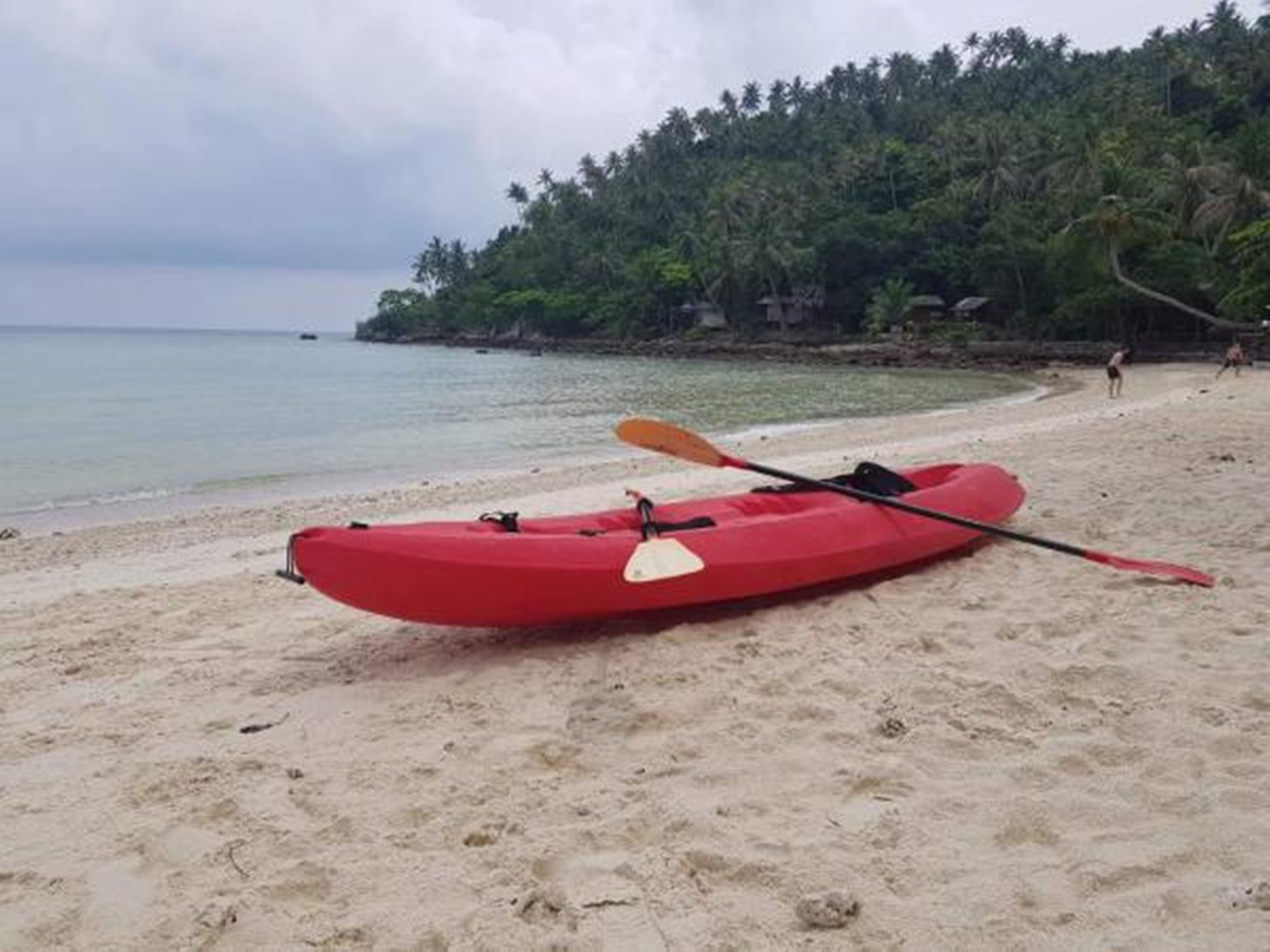 Un kayak rouge sur une plage de sable, avec une colline boisée en arrière-plan.