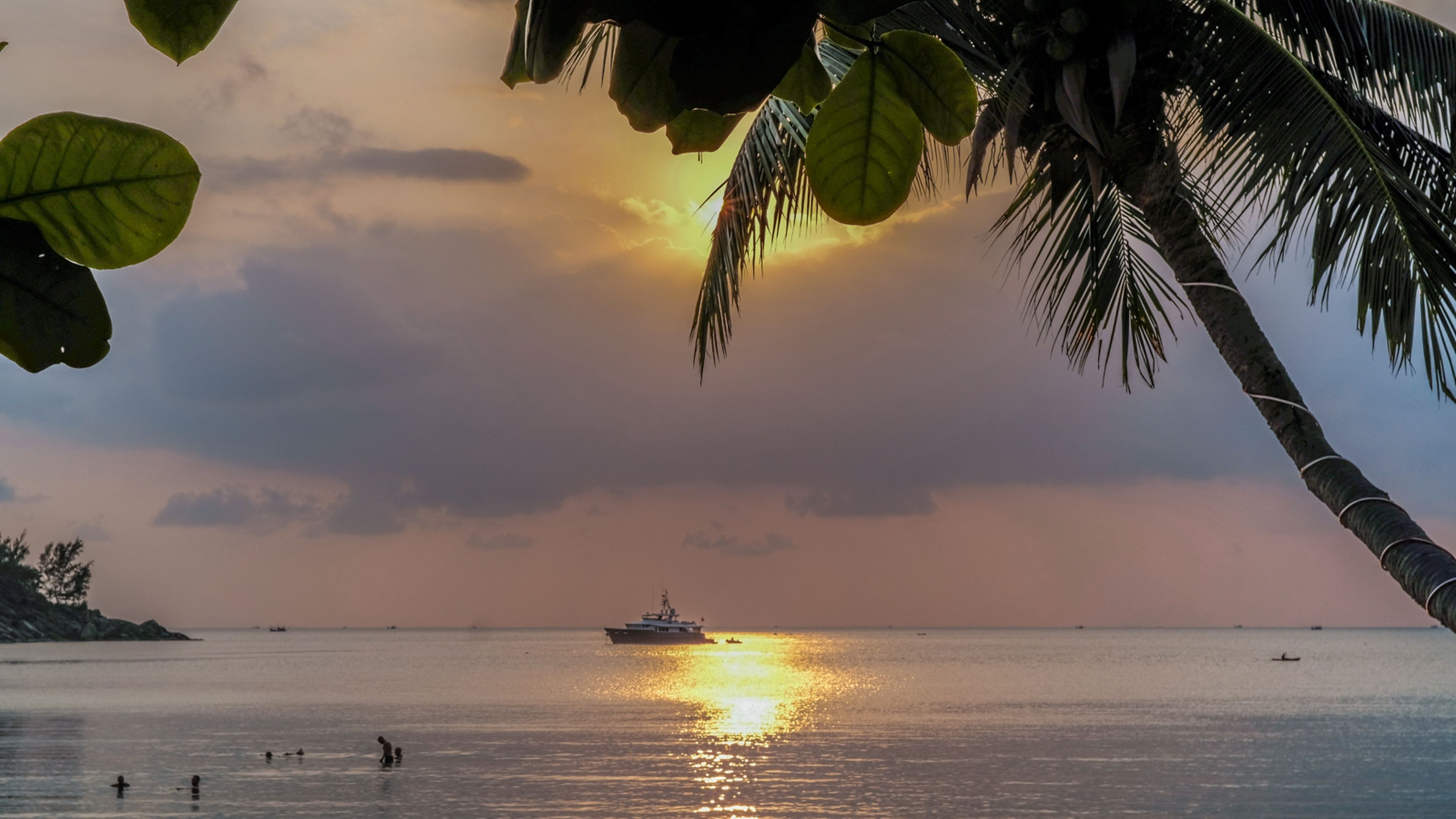 A sunset over a calm sea with a boat in the distance and palm trees framing the scene.