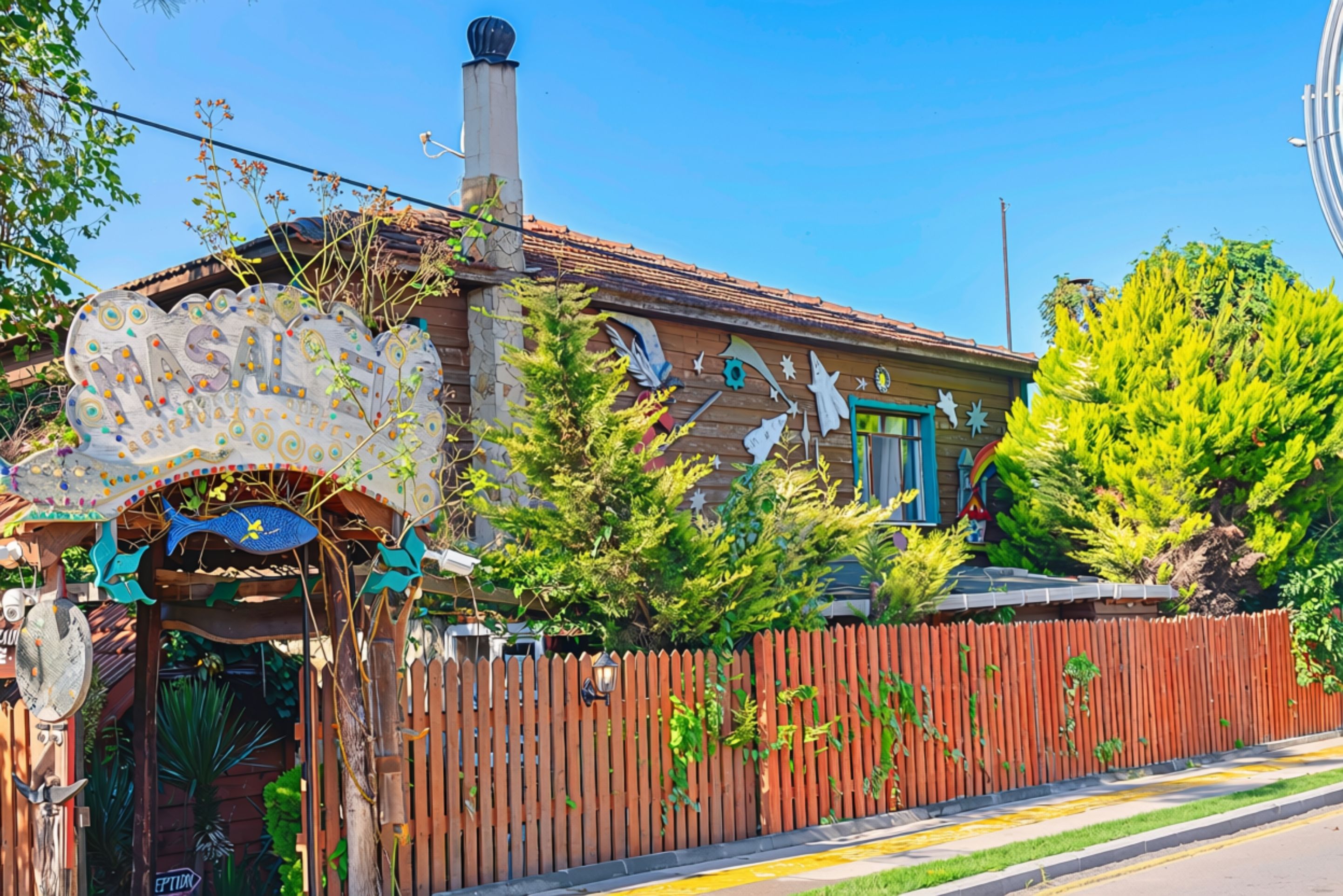 A building with a distinctive sign, a wooden fence, and a variety of plants.