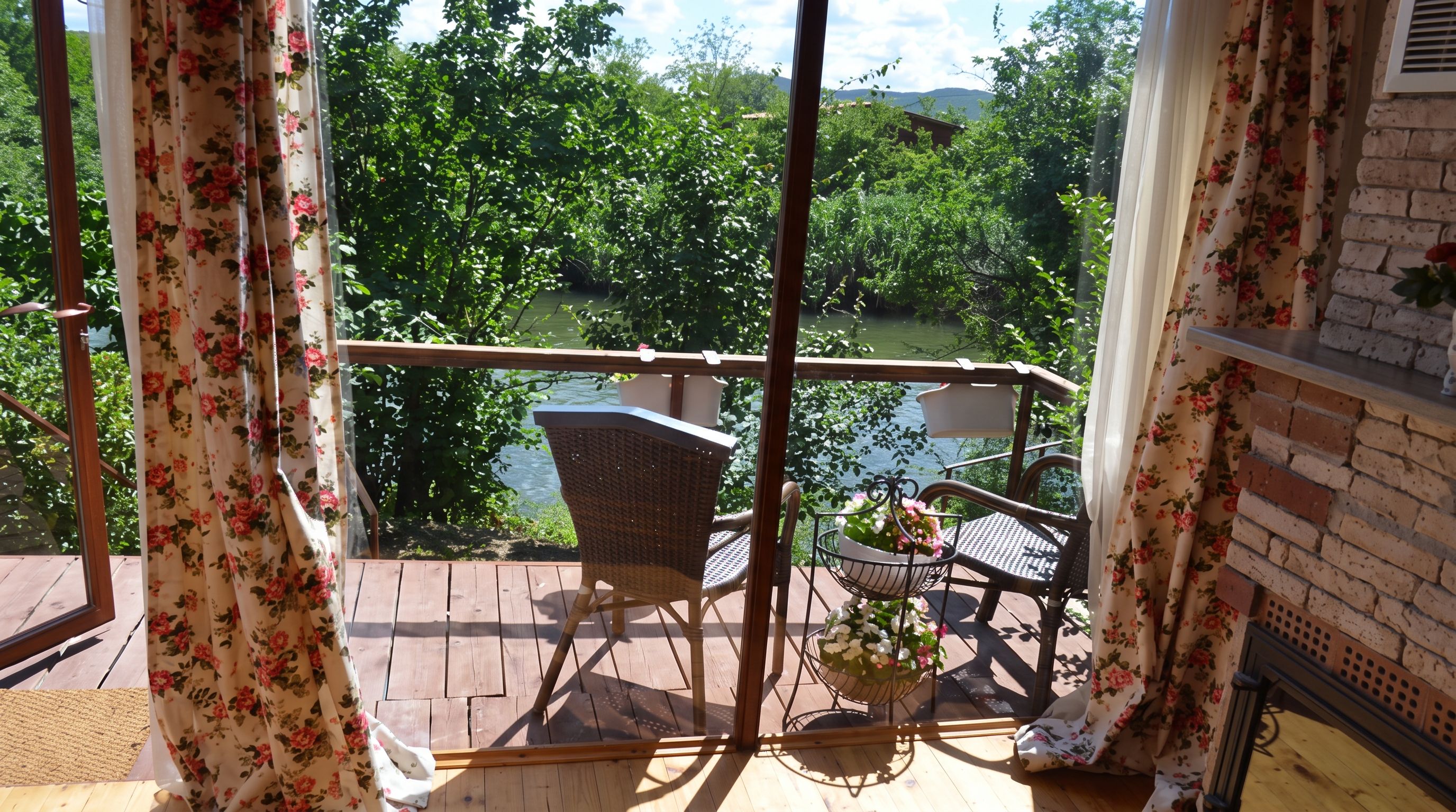Un balcón con mobiliario de mimbre y una planta en maceta, con vistas a un paisaje verde exuberante y una masa de agua.