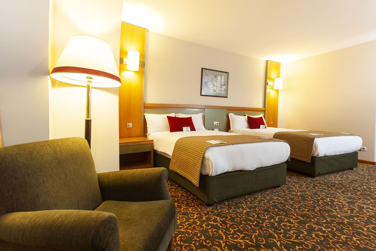 A hotel room with two beds, a chair, a lamp, and a patterned carpet.