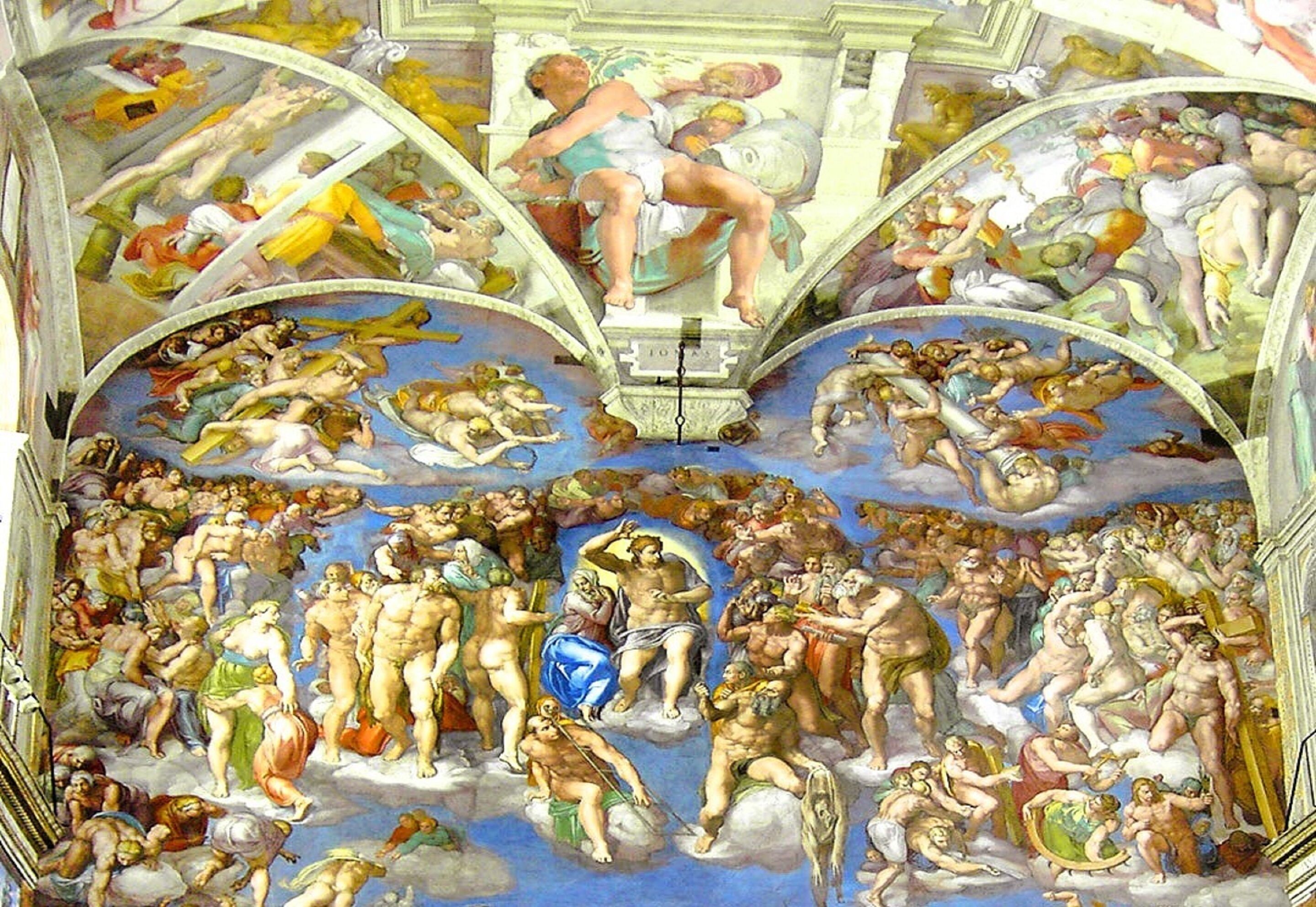 Un detallado mural al fresco con figuras y elementos arquitectónicos.