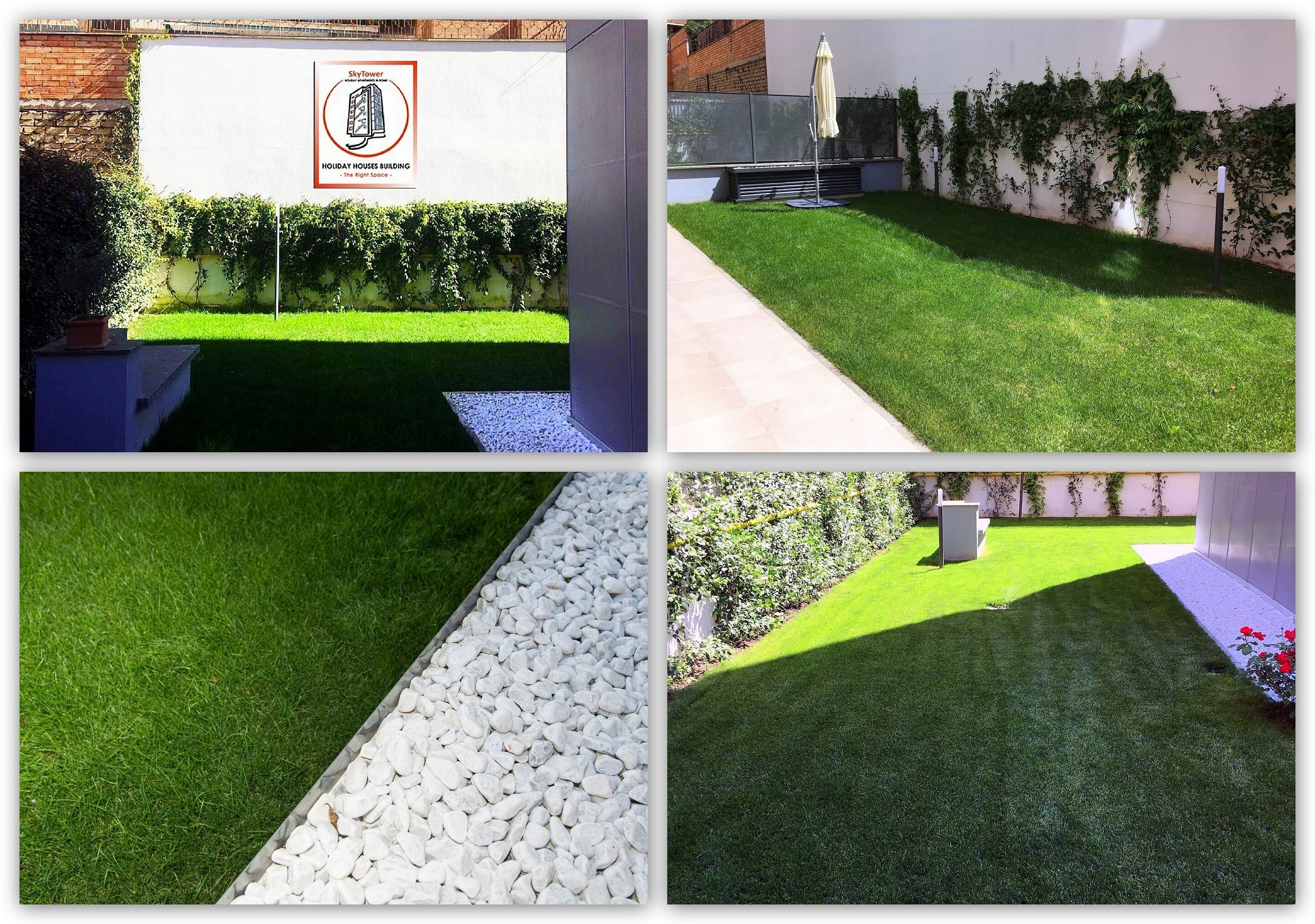 Ein angelegter Garten mit Hecke, einem Weg und einem Schild, das auf ein Ferienhäuser-Gebäude hinweist.