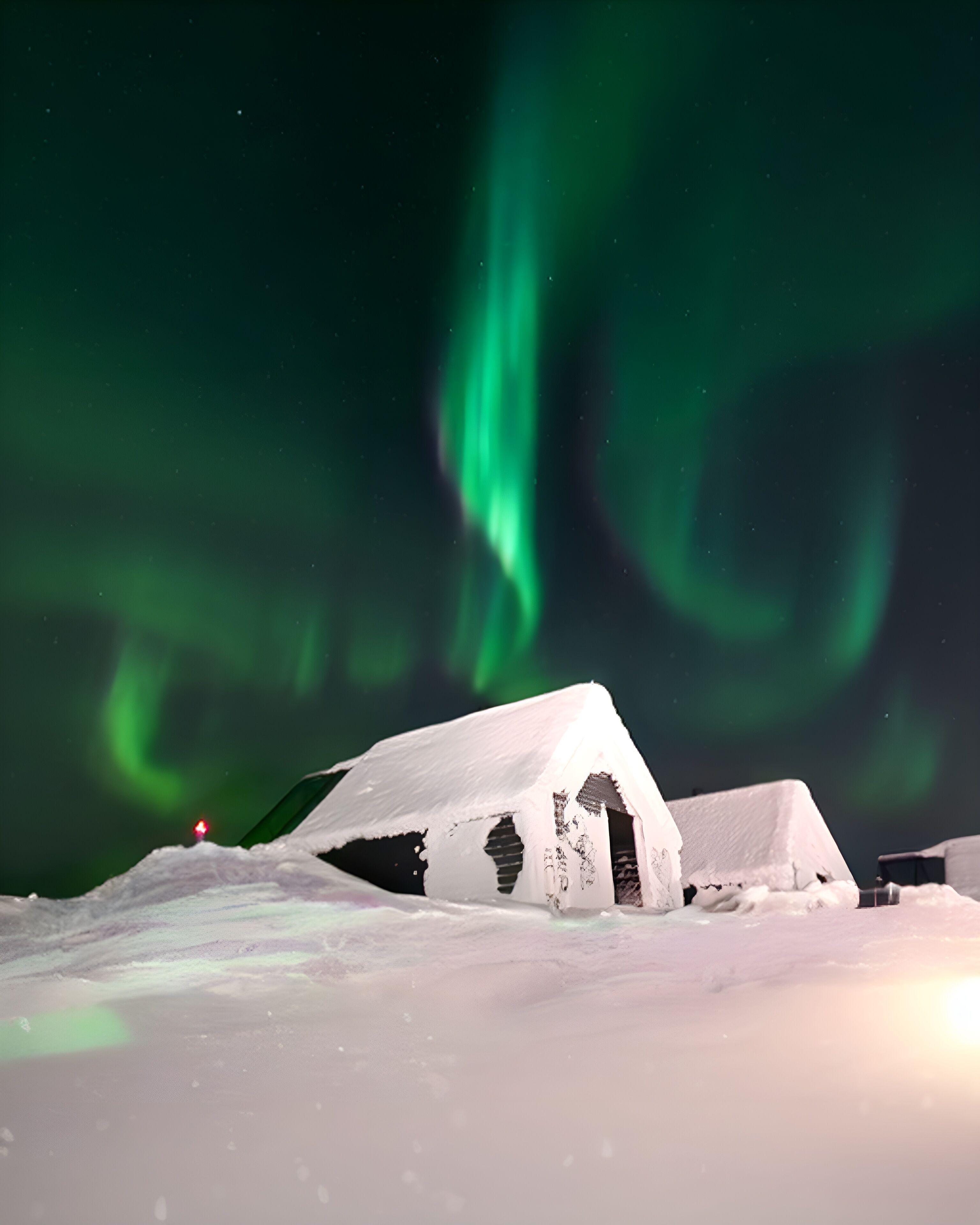 Un edificio cubierto de nieve con una puerta entreabierta, bajo un cielo nocturno con auroras boreales verdes.
