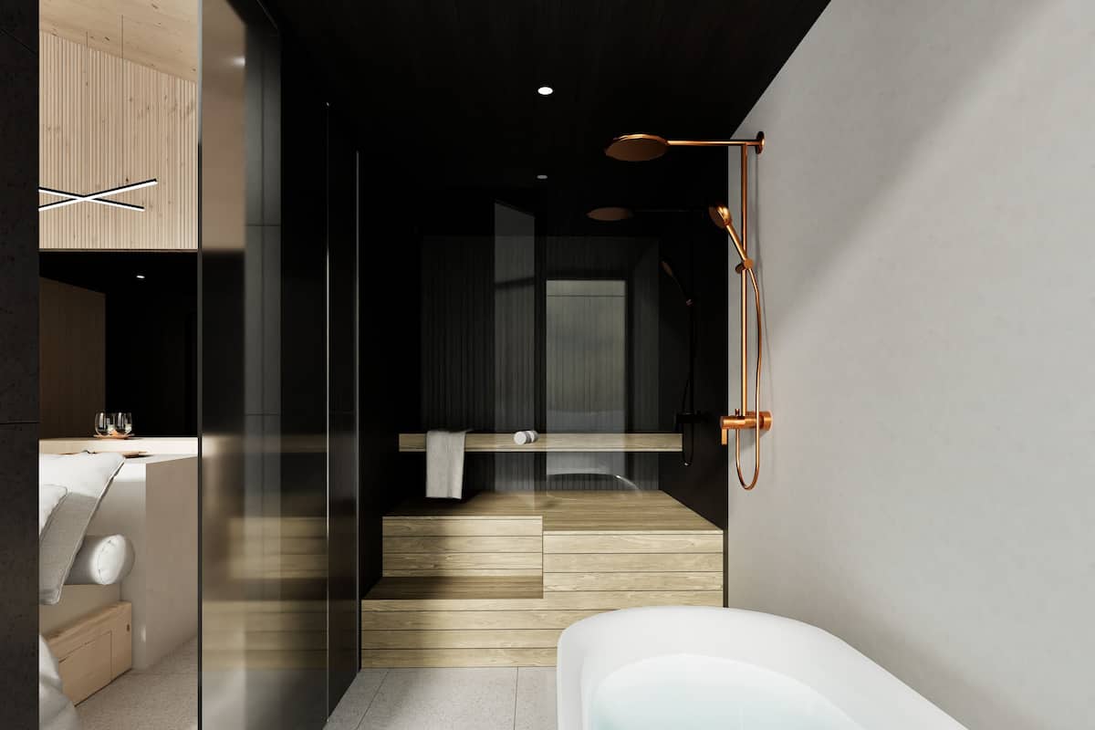 aurora suite with sauna | bathroom | free toiletries, hair dryer, heated floors, towels