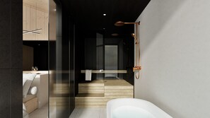 Aurora Suite with Sauna | バスルーム | バスアメニティ (無料)、ヘアドライヤー、床暖房、タオル