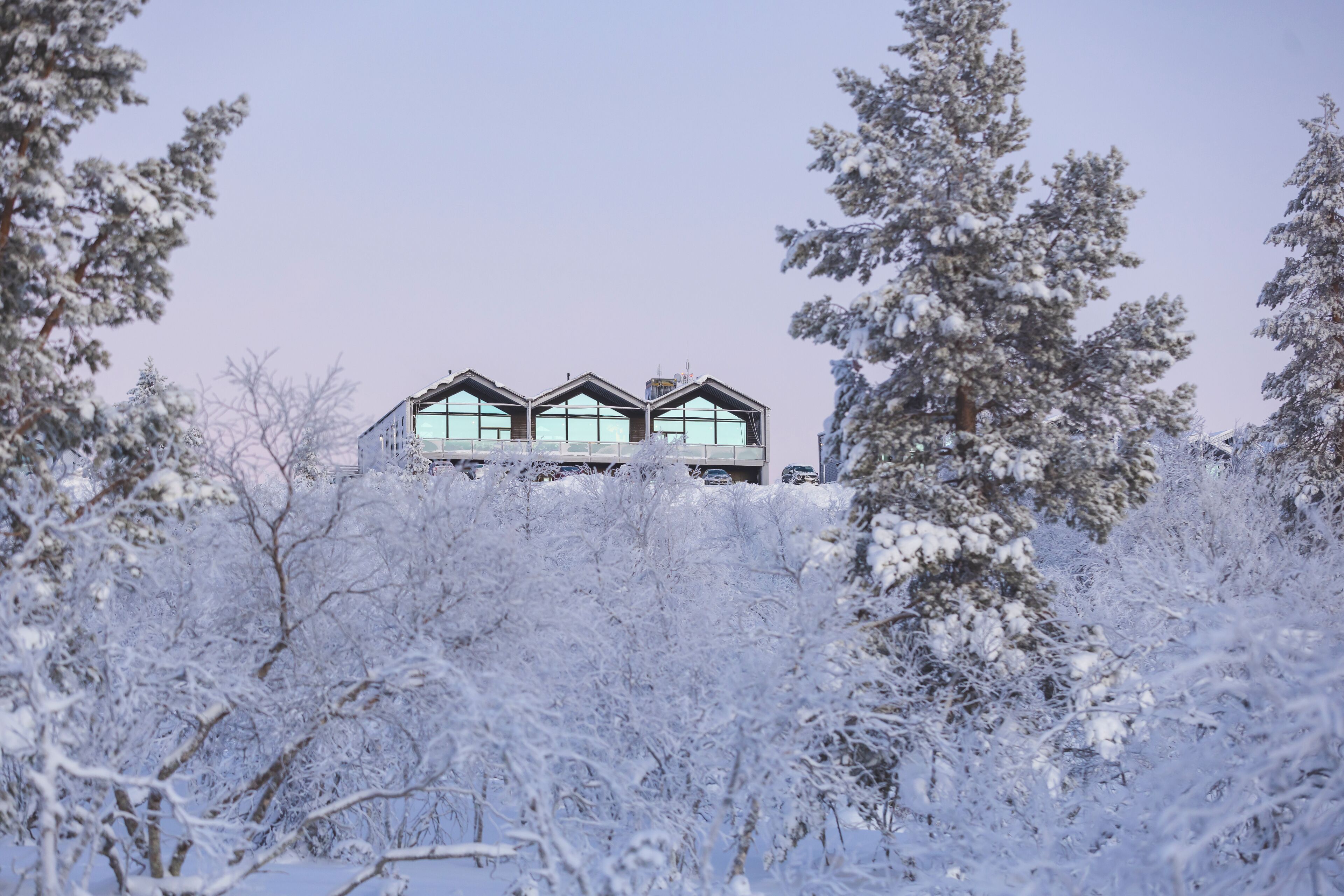 A modern house with large windows and a symmetrical design, surrounded by snow-covered trees.
