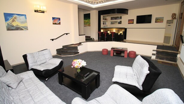 A lobby with a bar area, seating, artwork on the walls, and a chandelier. - villa old sololaki (Tbilisi)