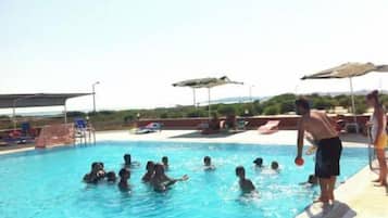 Outdoor pool, pool umbrellas, pool loungers