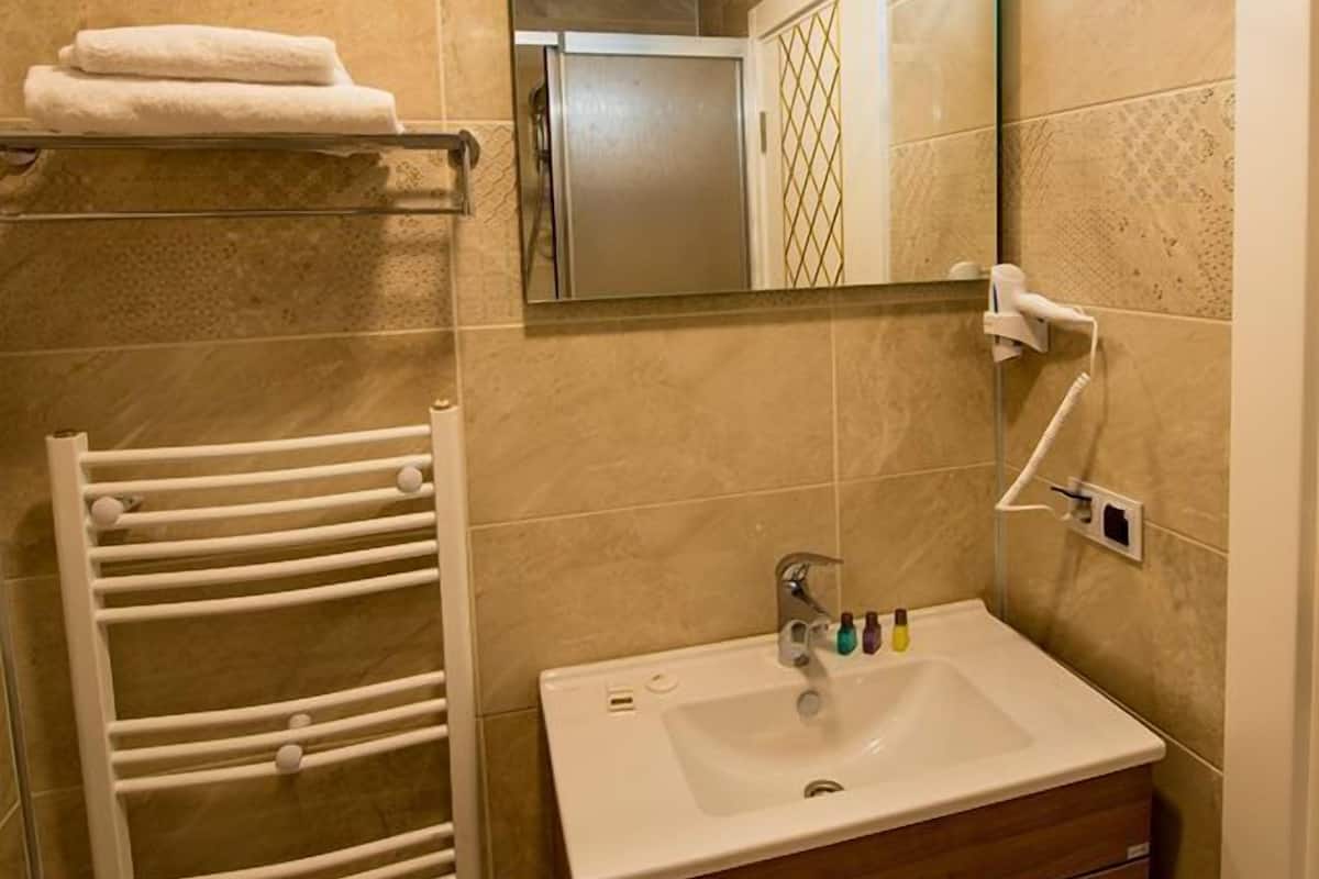 deluxe double room | bathroom | shower, free toiletries, hair dryer, slippers