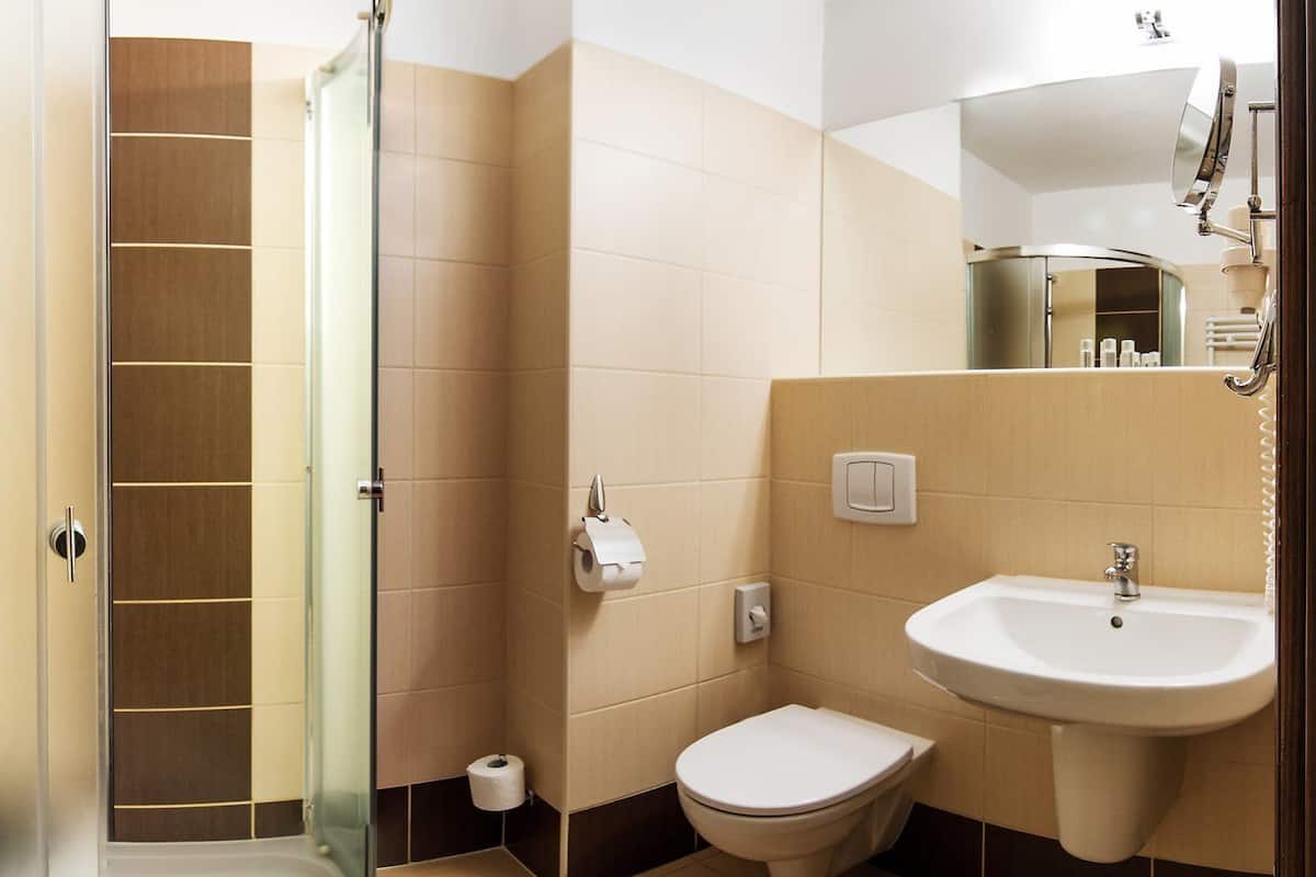A bathroom with a shower, toilet, sink, and a mirror.
