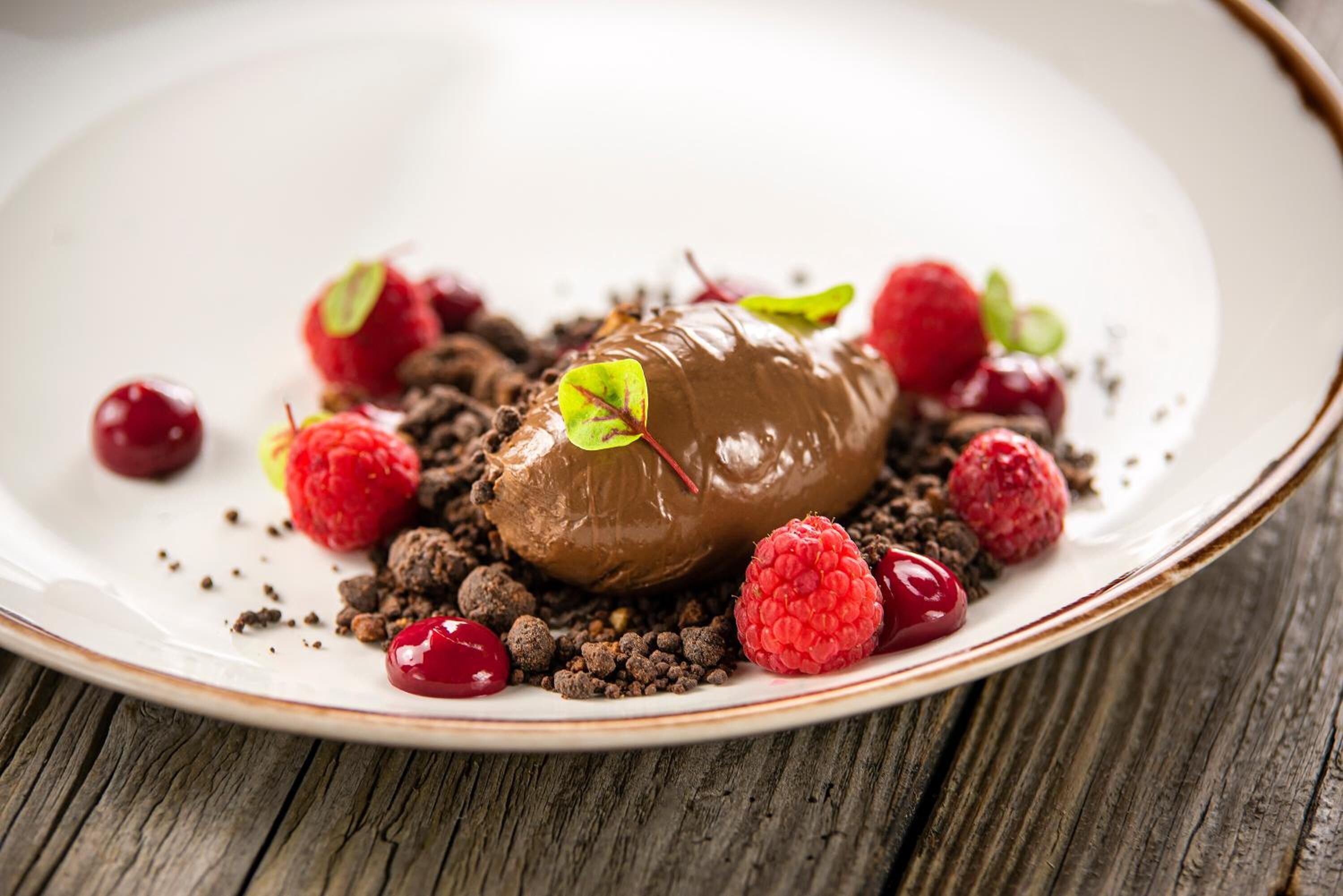 A dessert on a plate with chocolate, raspberries, and a sprig of mint.