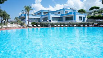 Seasonal outdoor pool, pool umbrellas, pool loungers
