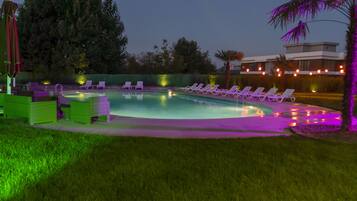 Indoor pool, outdoor pool, pool umbrellas, sun loungers