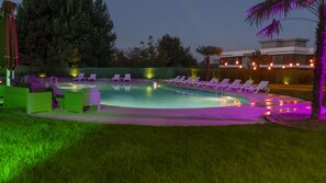 Indoor pool, outdoor pool, pool umbrellas, sun loungers