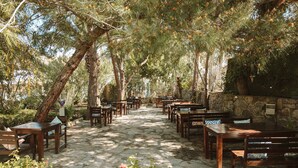 Un espace de restauration en plein air doté d’un sol en pierre et de tables et de bancs en bois, entouré d’arbres et d’un mur de pierre.
