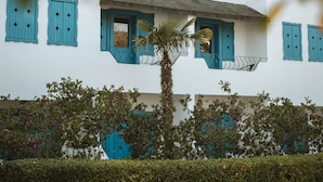 Un bâtiment blanc avec des volets bleus et un palmier devant.