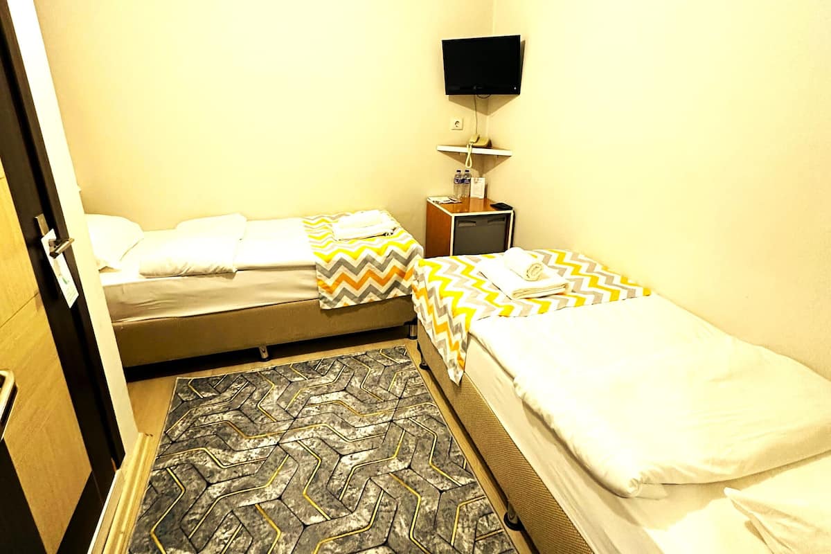 A small hotel room with two single beds, a television, and a small desk with a chair.