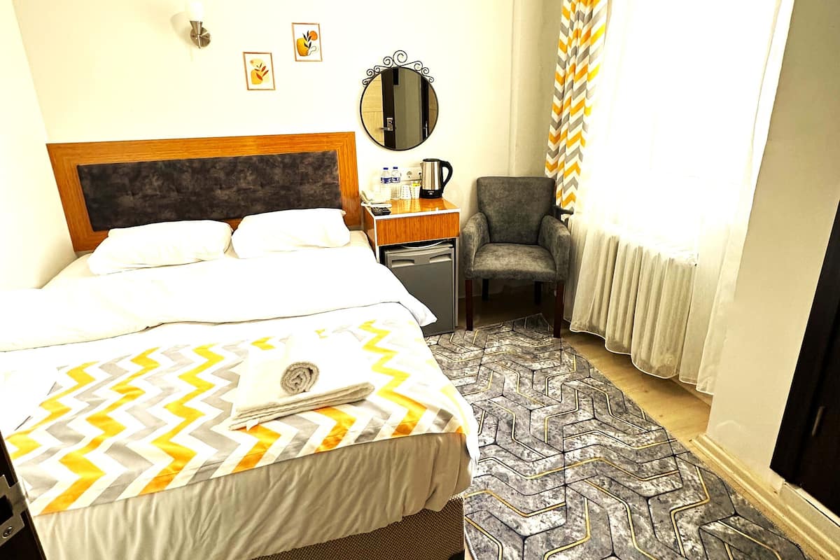 A hotel room with a bed, a chair, a desk with a mirror, and a patterned rug.