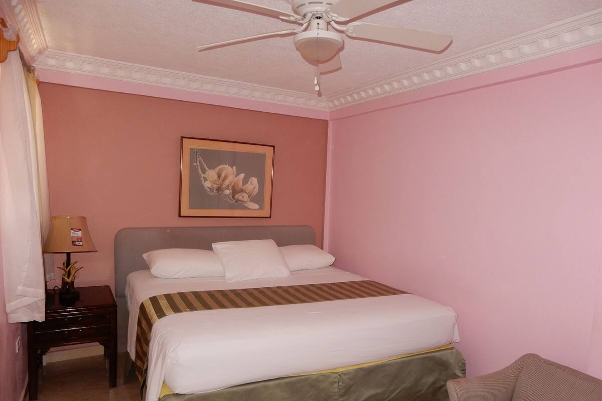 Une chambre d’hôtel avec un lit, une table de chevet, une lampe, un ventilateur de plafond et un tableau au mur.