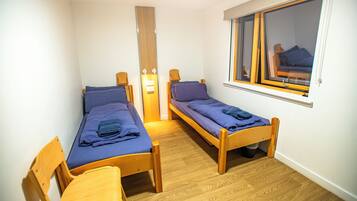 A small, compact room with two wooden beds, a wooden chair, and a window with a view.