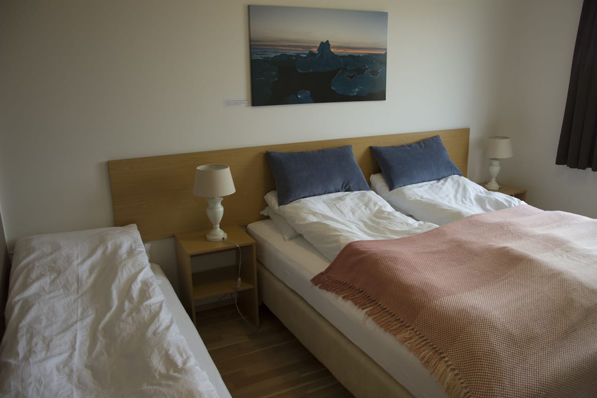 A hotel room with a large bed, two pillows, a bedside table with a lamp, and a painting on the wall.