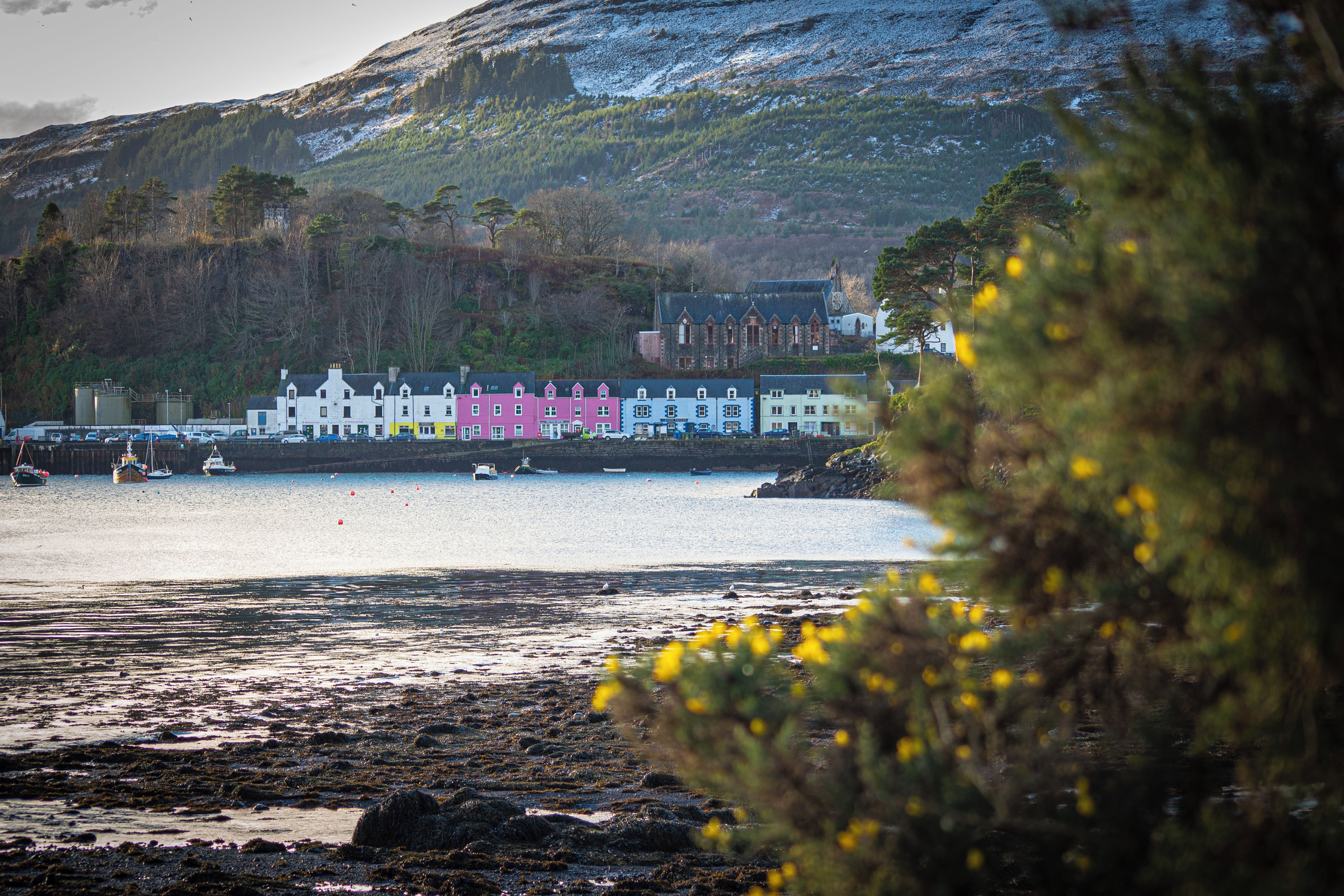 A coastal town with colorful buildings, a rocky shoreline, and boats on the water.