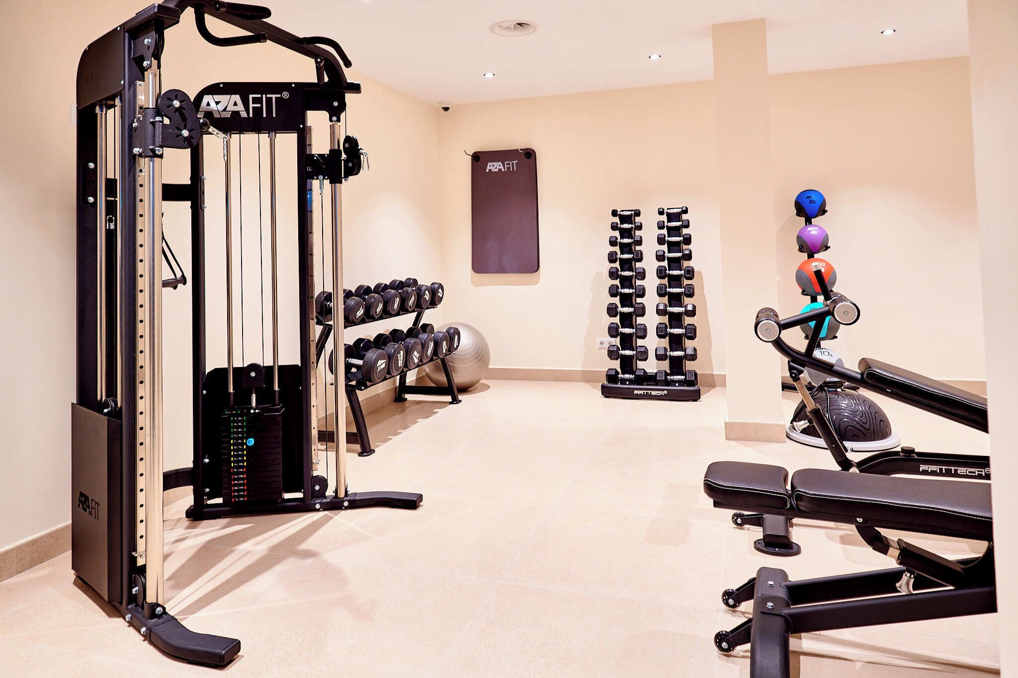 Une salle de sport équipée de matériel de musculation, d’haltères et de ballons d’exercice.