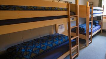A bunk bed room with a wooden ladder, a mattress with a geometric pattern, and a small sign on the wall.