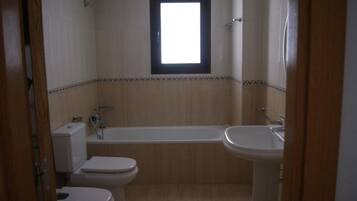 Combined shower/bathtub, hair dryer, towels