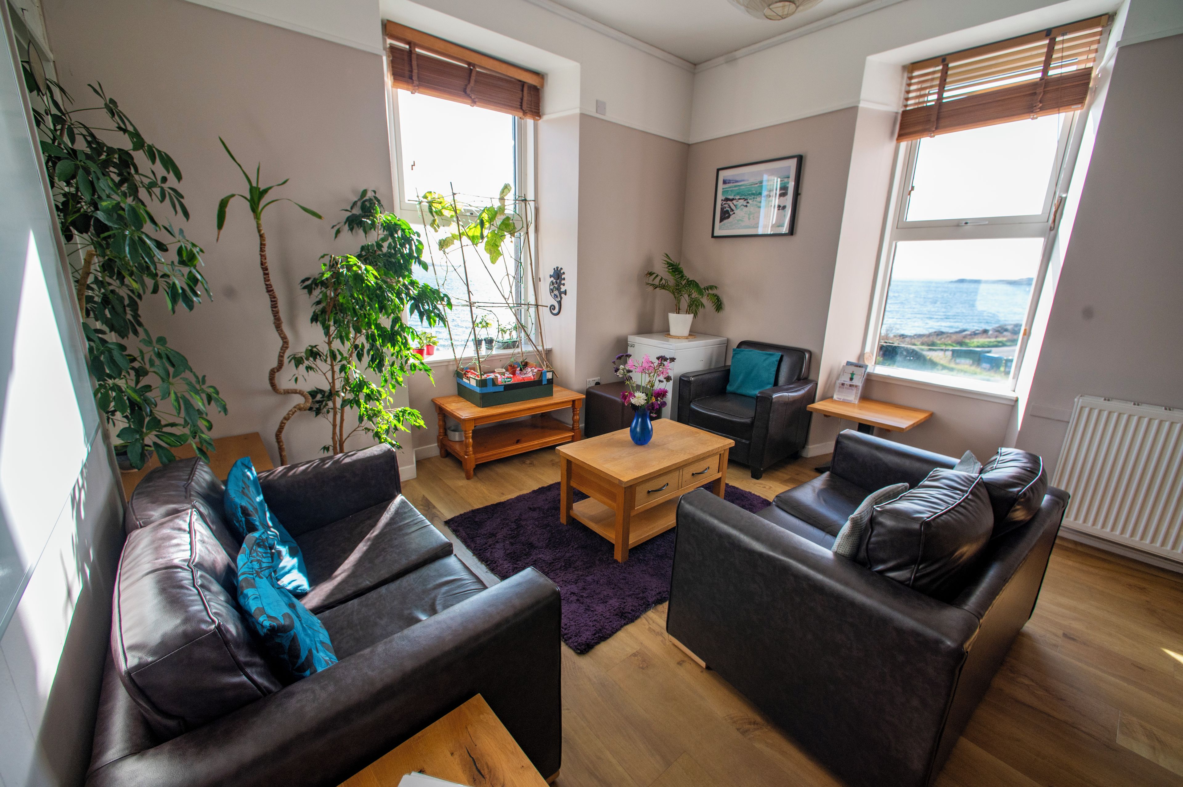 A living room with a sofa, a coffee table, and a TV stand. There are plants and a window with a view.