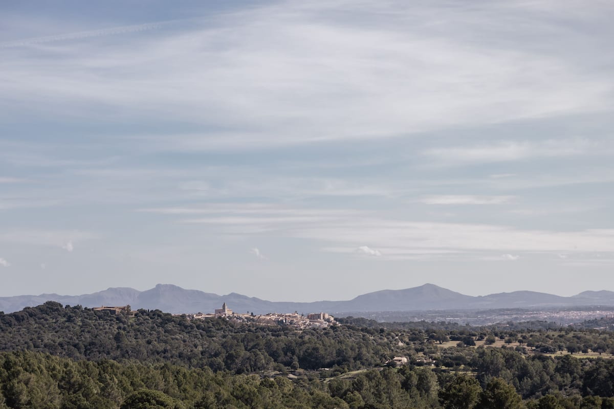 A panoramic view of a town nestled in a valley with a prominent hilltop structure, surrounded by dense forest and distant mountains.