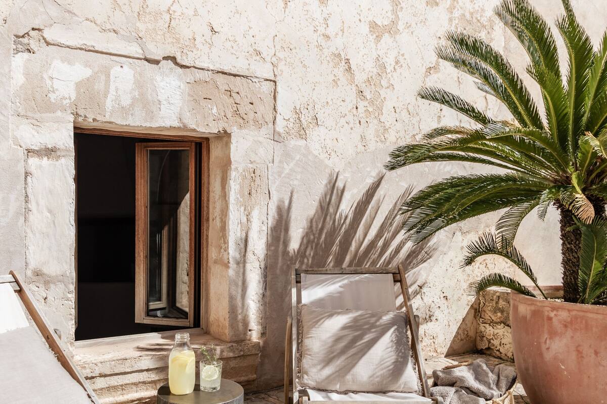 A stone patio with a lounge chair, a large potted plant, and a small table with drinks.