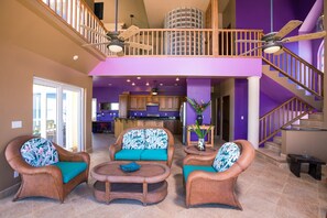 House, 4 Bedrooms, Ocean View | Living area | Flat-screen TV, DVD player - Yellow Bird (Roatan)