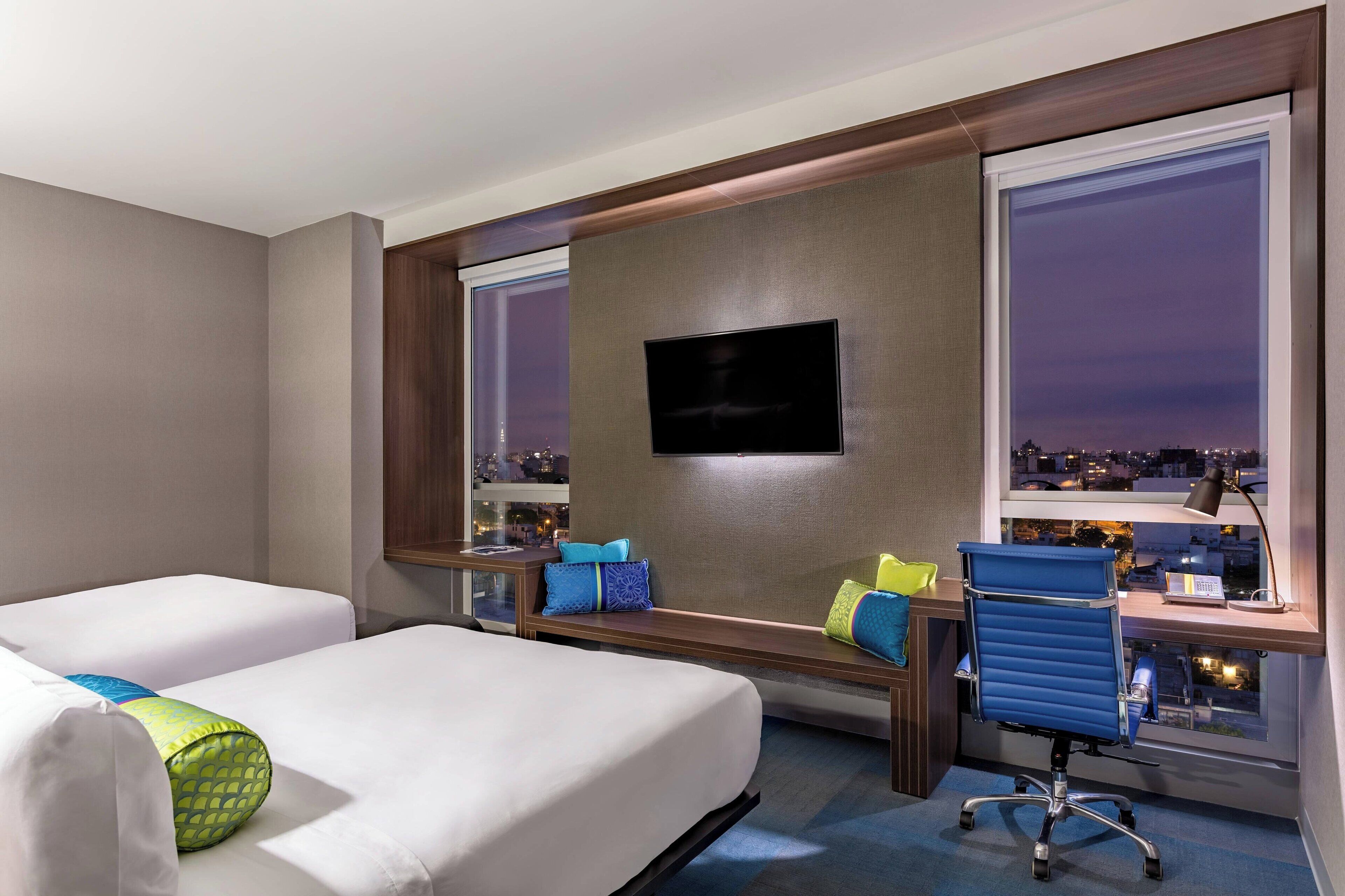 aloft, room, 2 queen beds, non smoking, city view | minibar, in-room safe, desk, blackout curtains
