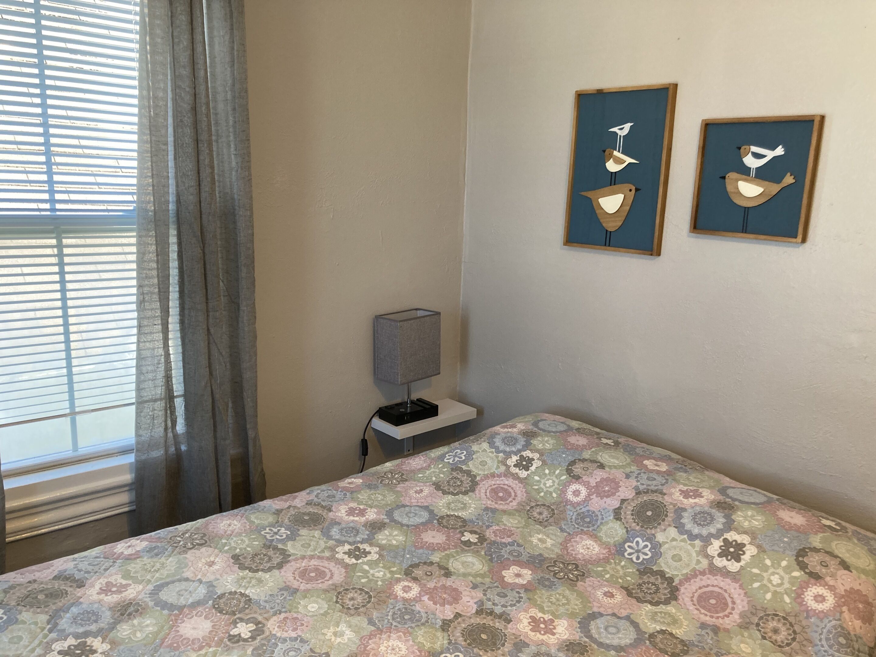 A bedroom with a patterned bedspread, a bedside lamp, and two wall-mounted bird art pieces.