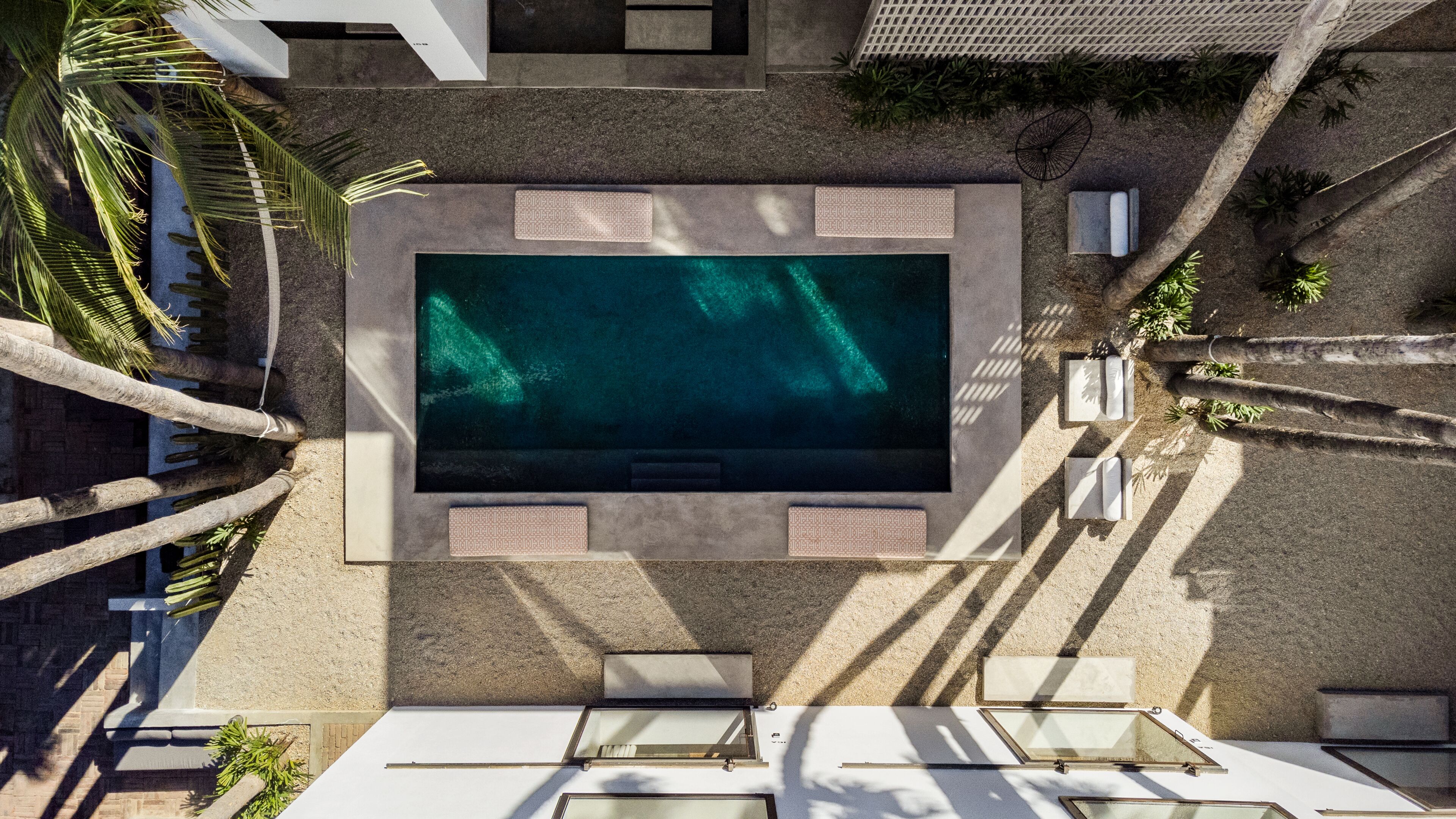 An aerial view of a rectangular swimming pool surrounded by lounge chairs and palm trees.