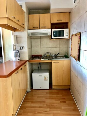 標準公寓, 1 張標準雙人床 | 私人廚房 | 小冰箱、微波爐、爐台、電熱水壺